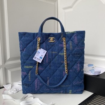 샤넬 AS3128 래터링 로고 프린트 데님 맥시 쇼핑백