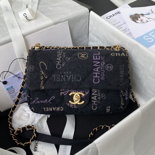 샤넬 AS3134 래터링 로고 프린트 데님 스몰 플랩백