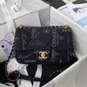 샤넬 AS3134 래터링 로고 프린트 데님 스몰 플랩백