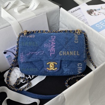 샤넬 AS3134 래터링 로고 프린트 데님 스몰 플랩백