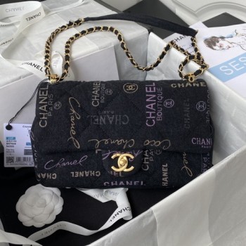 샤넬 AS3135 래터링 로고 프린트 데님 라지 플랩백