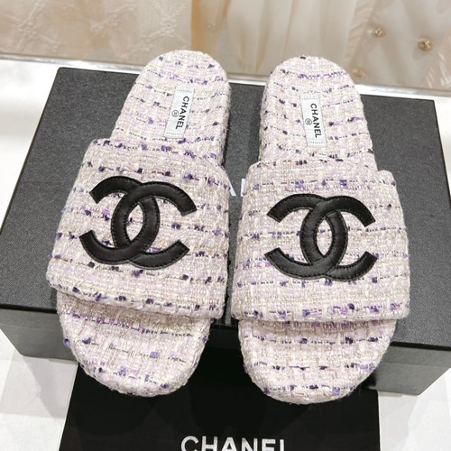 샤넬 CC 로고 트위드 뮬 슬리퍼
