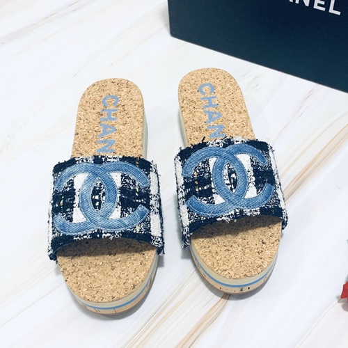 샤넬 C로고 코르크 웨지 슬리퍼뮬