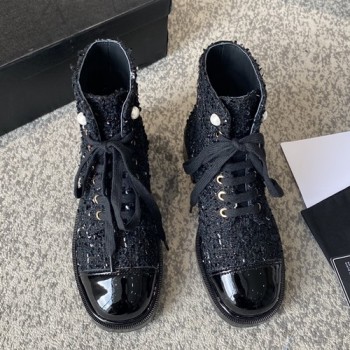 샤넬 트위드 레이스업 부츠